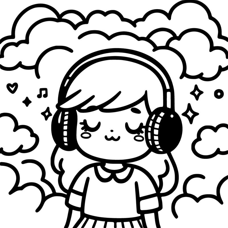 girl with headphones and clouds around her