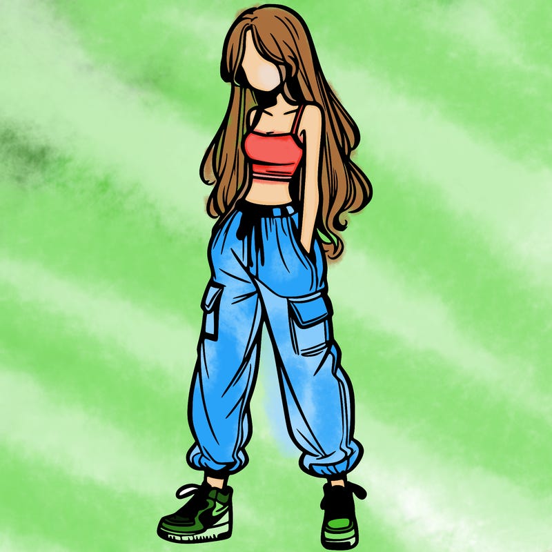 girl in baggy pants crop top and long hair