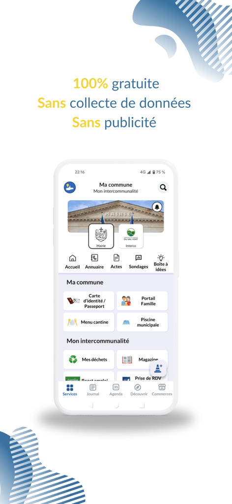 IntraMuros 모바일 앱 인터페이스로 스마트폰 화면에 지역 사회 서비스, 학교 메뉴 및 시립 뉴스 표시
