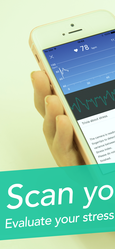 StressScan - check your stress - Eine Hand hält ein Smartphone, das die StressScan-App-Oberfläche mit einem Herzfrequenzgraphen und einer Stressbewertung zeigt