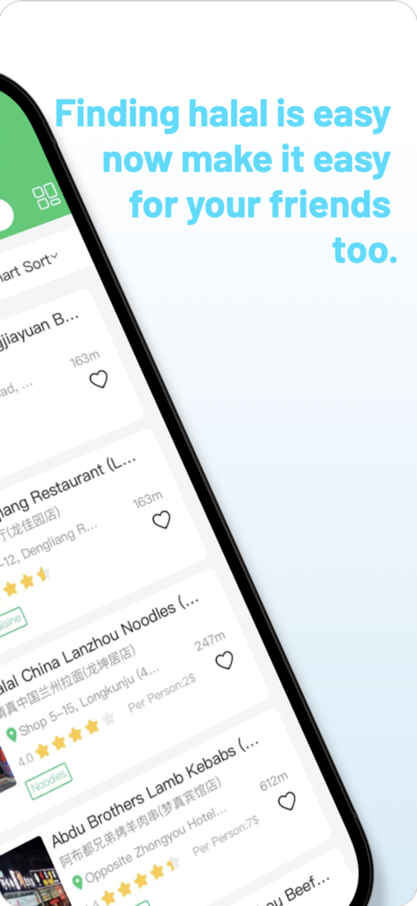 Halalive – Halal Marketplace - Interfaz de la aplicación móvil Halalive mostrando una lista de restaurantes y opciones gastronómicas halal verificados en China.