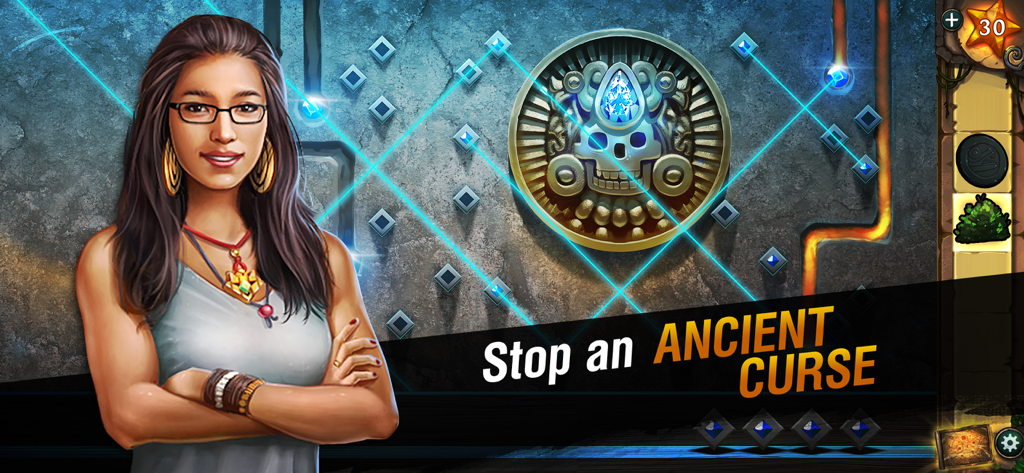 Uma personagem feminina em frente a uma antiga parede de pedra com um quebra-cabeça de luz laser e um emblema de caveira dourada.