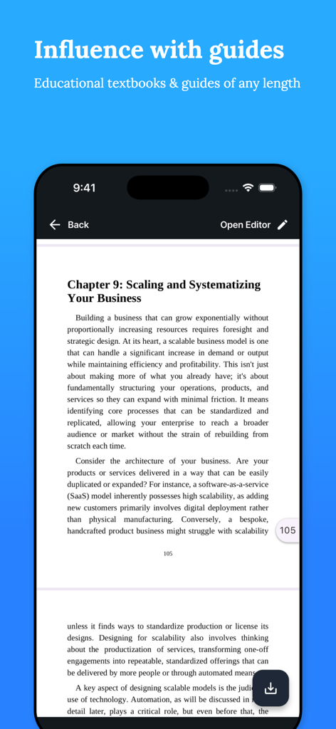 AI Book Writer - Nellie - Screenshot of Nellie AI app displaying a chapter on scaling a business from an educational guide