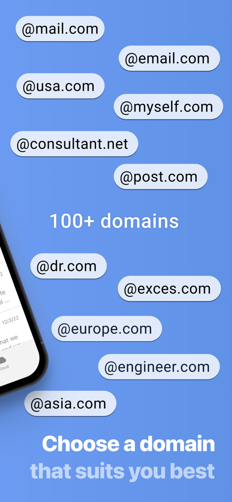 Uma variedade de opções de domínio de e-mail personalizadas disponíveis no aplicativo mail.com para branding personalizado e profissional.