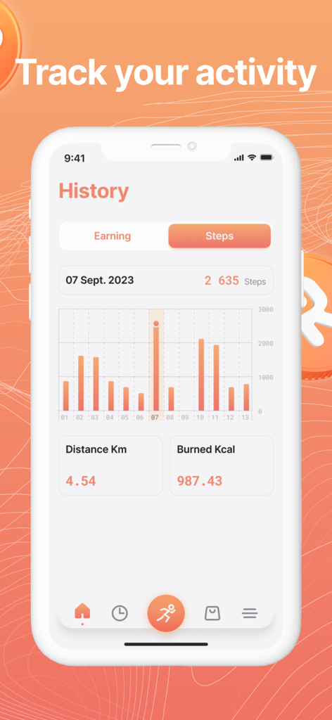 Robox Fit - Walk & Earn - Activity history interface of the Robox Fit app showing a bar chart of daily steps along with distance and calories burned metrics