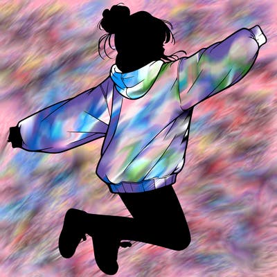 realistic girl jumping with a bun and oversized sweatshirt
