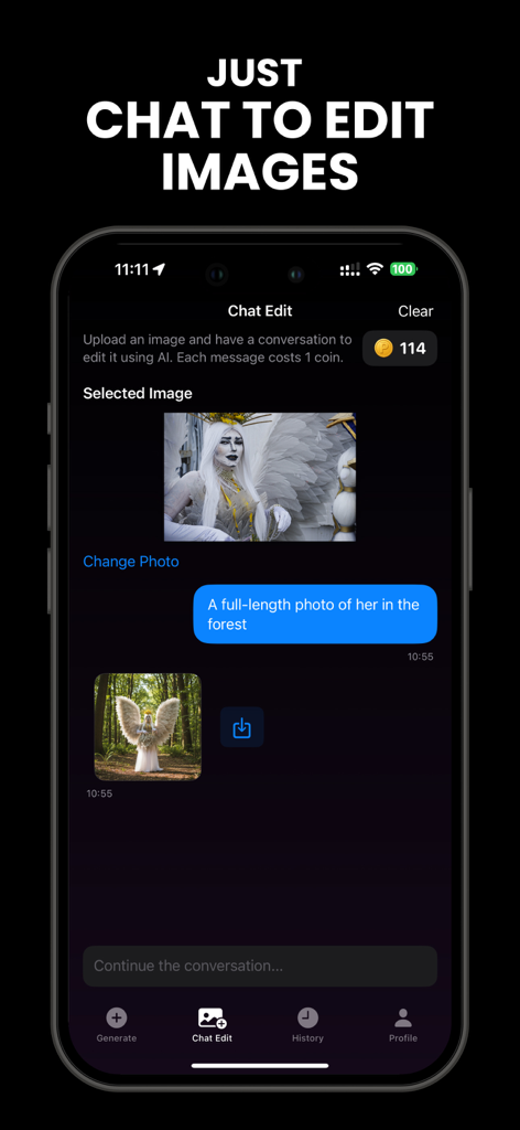 モバイル画面にPictorAIチャット編集インターフェースが表示され、ユーザーがAIアシスタントにテキストメッセージを送信して写真を編集しています