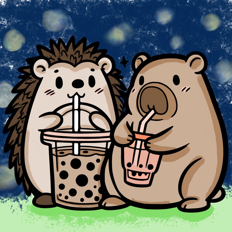 hedgehog and capybara drinking boba