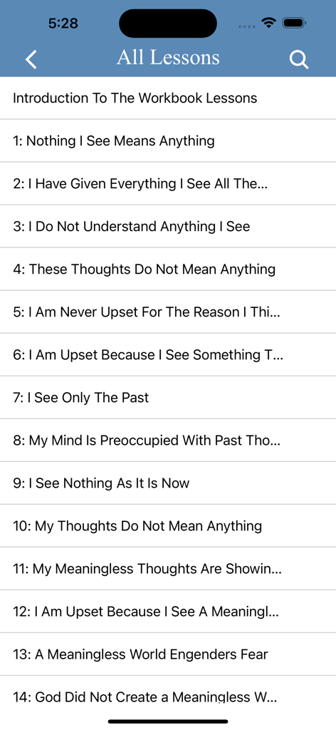 A list of daily workbook lessons within the A Course in Miracles Narrated mobile app