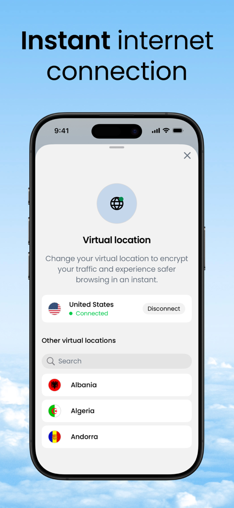 Interface de l'application Saily affichant la fonctionnalité d'emplacement virtuel pour la navigation cryptée et les données de voyage