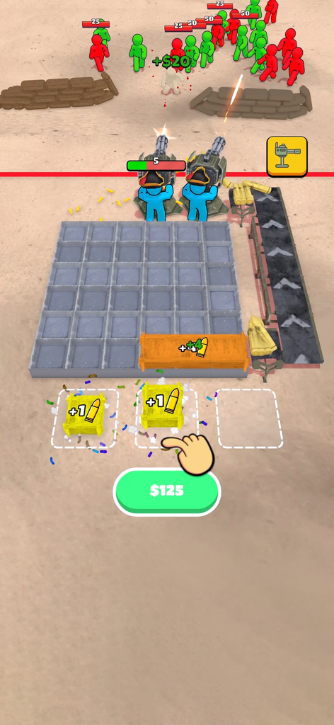 Ammo Fever: Tower Gun Defense - Stickman defenders using machine gun turrets against enemies with an ammo box merging grid at the bottom.