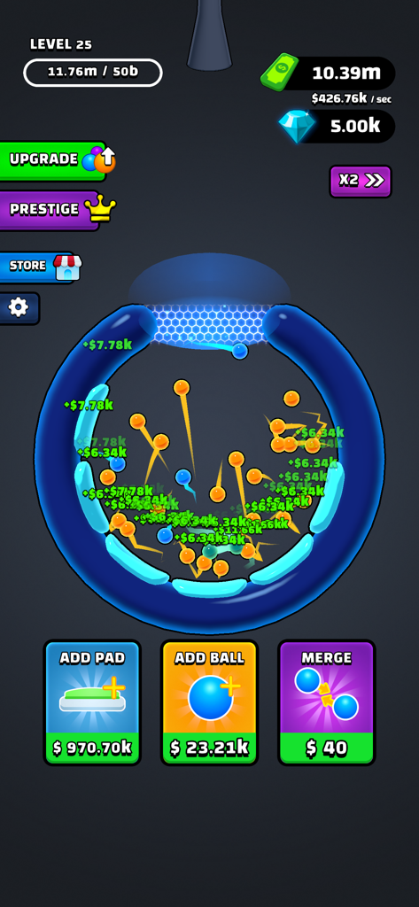 Juego de Balls Bounce mostrando bolas fusionándose y rebotando en una arena circular con opciones de mejora