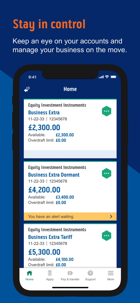 Tela inicial do aplicativo Bank of Scotland Business exibindo saldos de várias contas e detalhes de transações comerciais em um dispositivo móvel