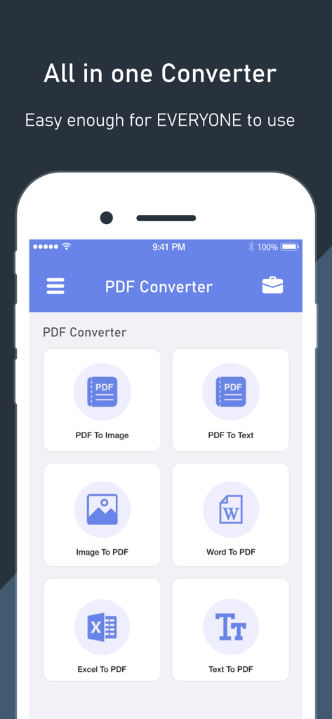 PDF Converter App. - PDF変換アプリのメインダッシュボード。複数のファイル変換オプションが表示されています