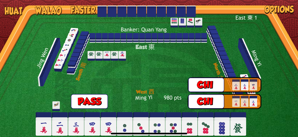 Singapore style Mahjong multiplayer game table with traditional tiles and player options