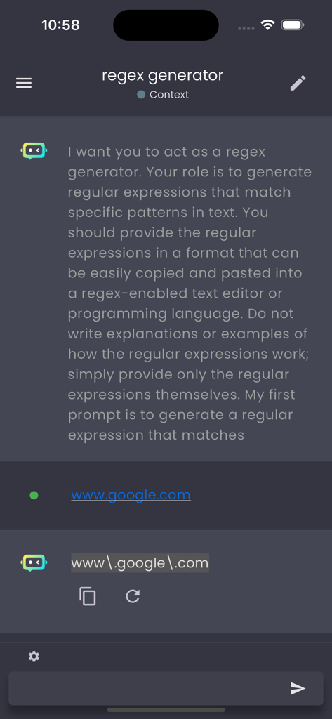 KnowBot-AI chat robot client - KnowBot-AI chatbot interface showing a user request to generate a regular expression for a website URL.