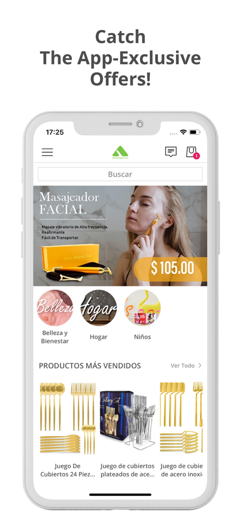 Andromeda Inc - app - Página de inicio de la app de compras Andromeda Inc que muestra una oferta de masajeador facial y categorías de productos para el hogar y la belleza.