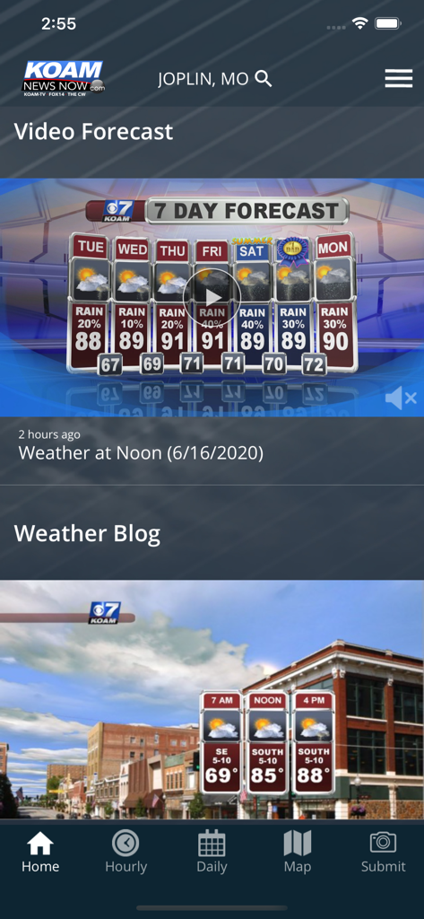 KOAM Sky Watch Weather app screen showing a video 7 day forecast and weather blog for Joplin Missouri