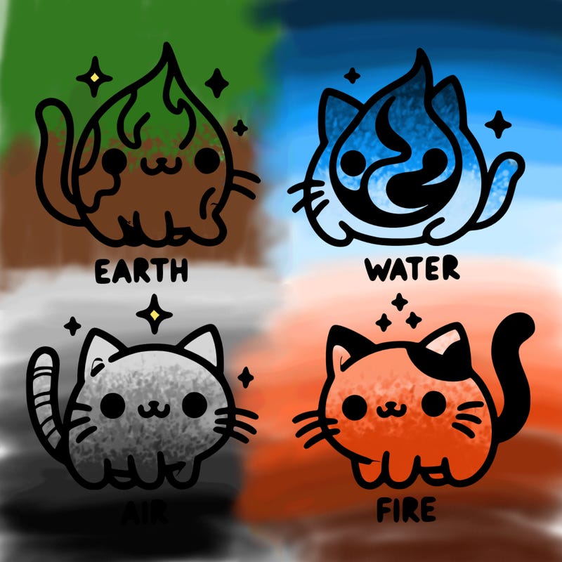 4 cats that represent the different elements, earth, water, air, and fire