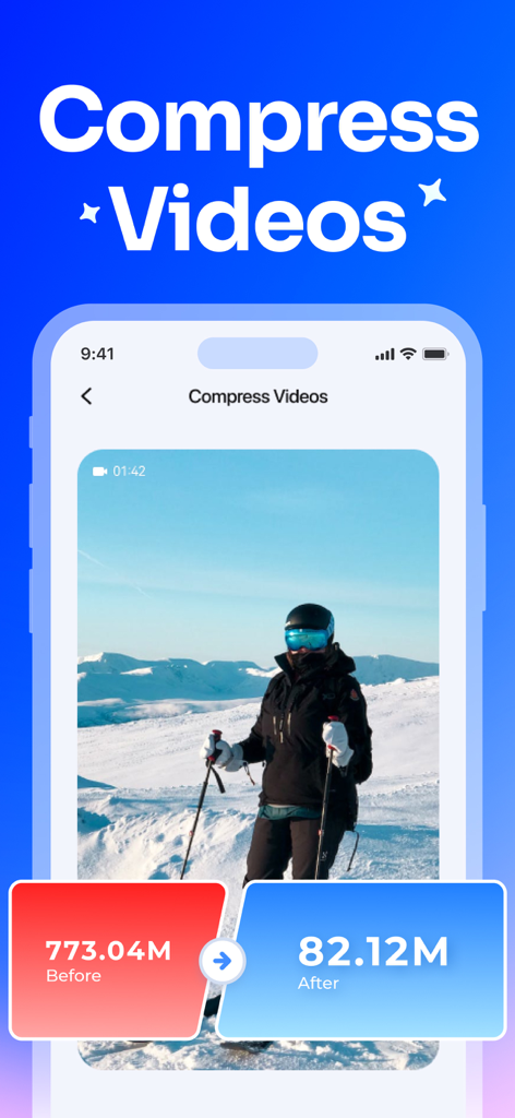 MobileClean - Photo Cleaner - Interfaz de la aplicación MobileClean que muestra un vídeo siendo comprimido de 773 megabytes a 82 megabytes para ahorrar almacenamiento del teléfono
