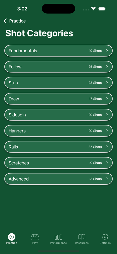 List of pool shot categories for practice in the Bullseye Billiards app including Fundamentals, Follow, Stun, and Draw.