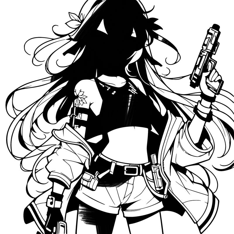 bad girl wearing crop top holding a gun long hair anime