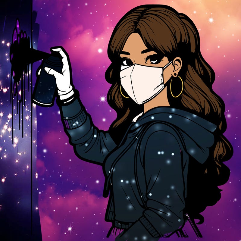 realistic girl with mask spray painting a wall