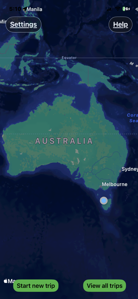 Track My Trip app dashboard showing a world map focused on Australia with buttons to start a new trip or view all trips.