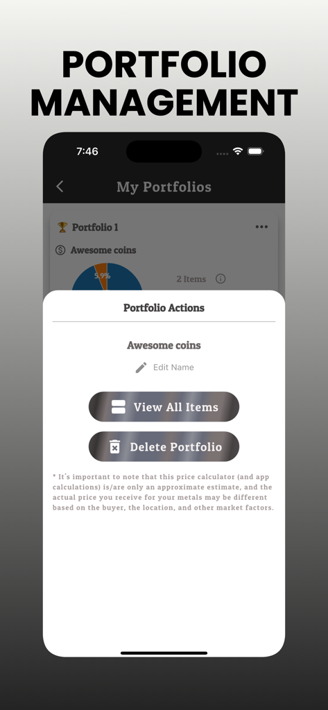 Gold Calculator ￮ - Portfolio management screen in the Gold Calculator app showing options to view and edit precious metal collections.