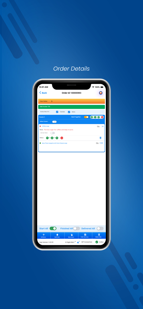 DigiPOS - Digital POS App-Oberfläche, die Bestelldetails für ein Restaurant anzeigt, einschließlich Artikel und Statusaktualisierungen
