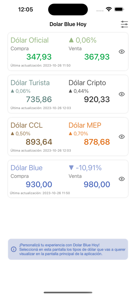 Screenshot of the Dolar Blue Hoy app dashboard showing multiple dollar exchange rates in Argentina including official, blue, and crypto rates