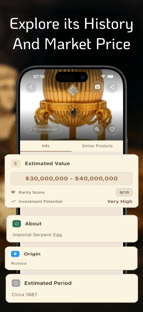 Antique Identifier : RelicAI - RelicAI mobile app screen displaying the estimated value and historical details of an antique Imperial Serpent Egg.