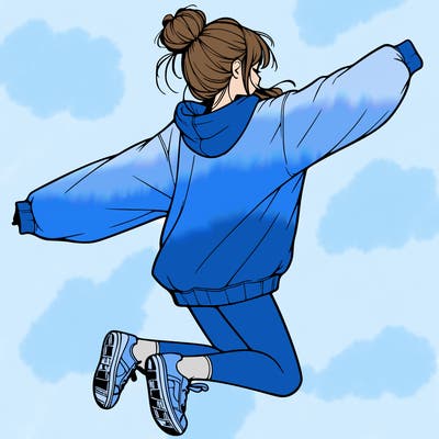realistic girl jumping with a bun and oversized sweatshirt