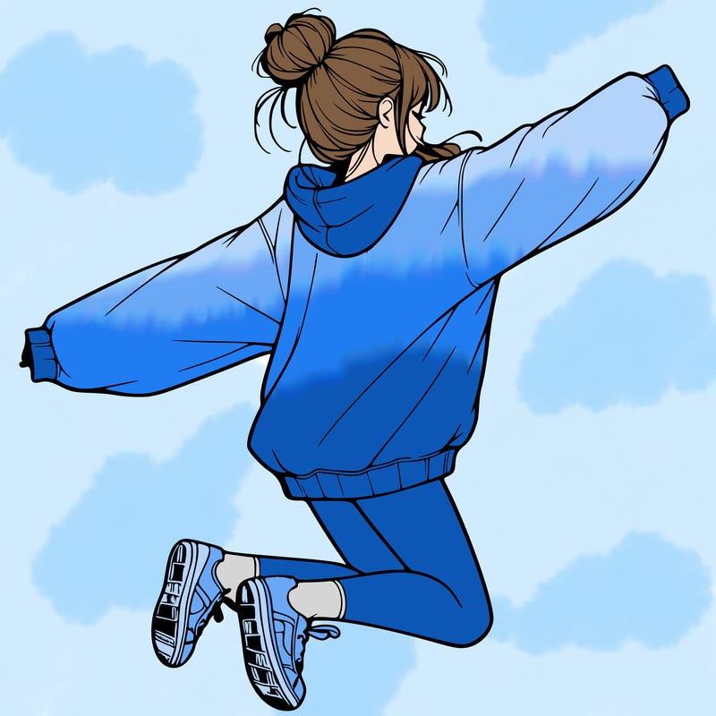realistic girl jumping with a bun and oversized sweatshirt