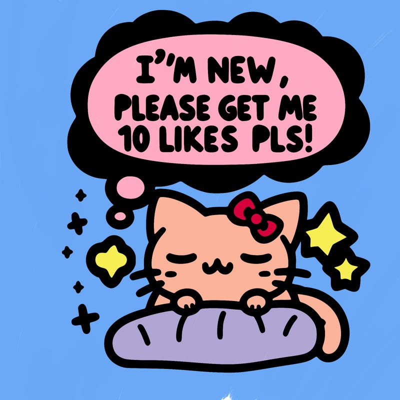 kitty taking a nap dream talking and saying "i'm new, please get me at least 10 likes pls!!"