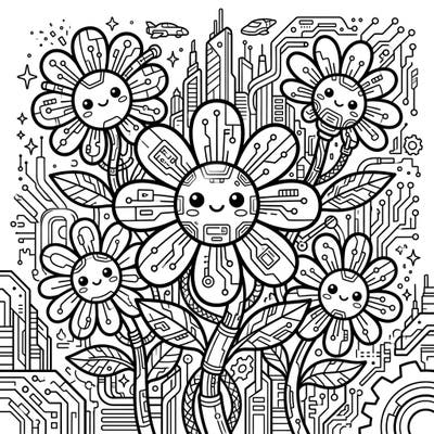 Discover a delightful blend of nature and technology with our Kawaii Cyberpunk Daisies coloring page, perfect for artists seeking a unique and engaging challenge. These adorable, circuit-infused flowers bloom amidst a futuristic urban landscape, inviting you to add your vibrant touch.
