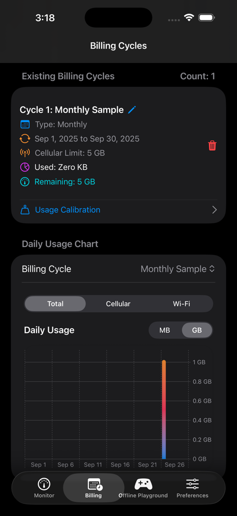 DataWidget App-Oberfläche, die Details zum monatlichen Abrechnungszyklus und ein Diagramm der täglichen Datennutzung anzeigt