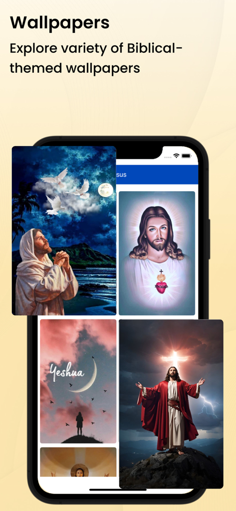 French Bible - La Bible - Mobile screen showing a variety of biblical themed wallpapers featuring images of Jesus in the French Bible app