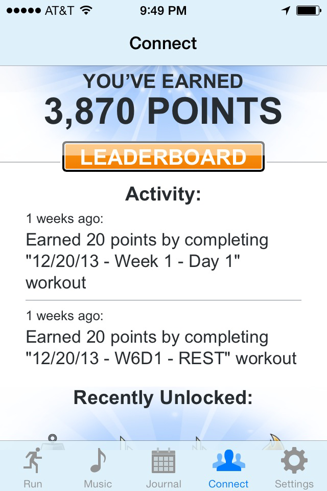 Ease into 5K: run walk interval training program - Ease into 5K app Connect screen showing earned points leaderboard button and workout activity log