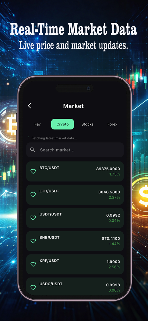 Chart AI Trading Assistant - Chart AI Trading Assistant app screen showing real time crypto market data and live prices.