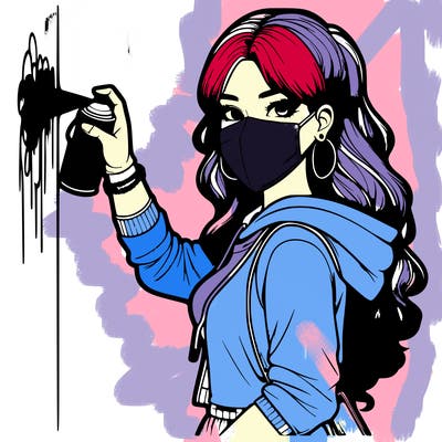 realistic girl with mask spray painting a wall
