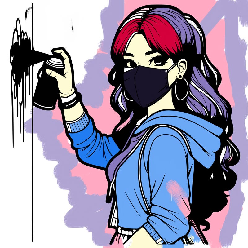 realistic girl with mask spray painting a wall