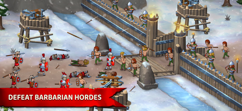 Roman legionaries defending a wooden fortress against barbarian attackers in a winter setting