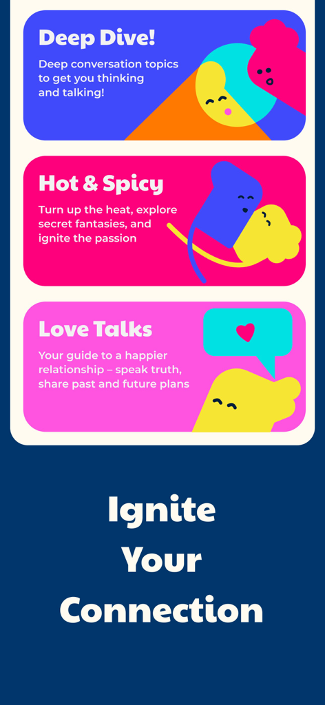 Screenshot of DeepQ app showing conversation packs for Deep Dive, Hot and Spicy, and Love Talks with the slogan Ignite Your Connection