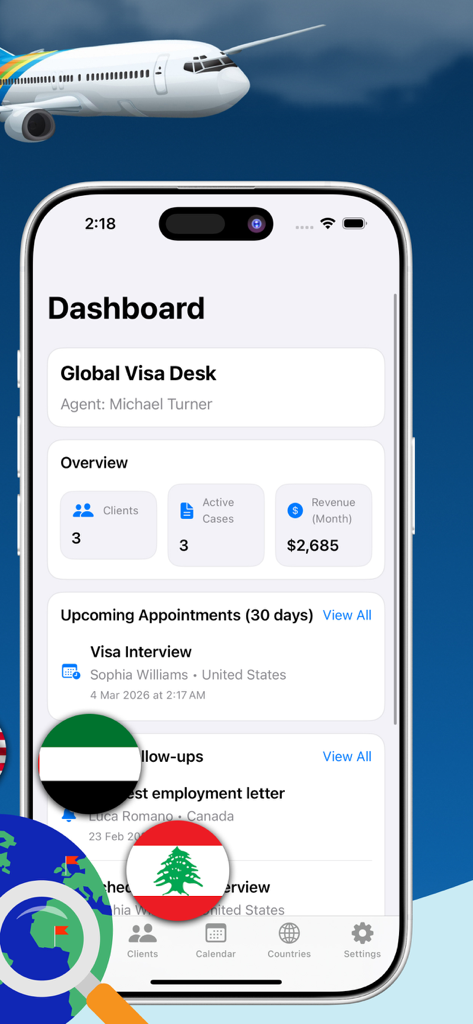 Visa Department App Tracker - Mobile app dashboard displaying visa client statistics and appointment tracking