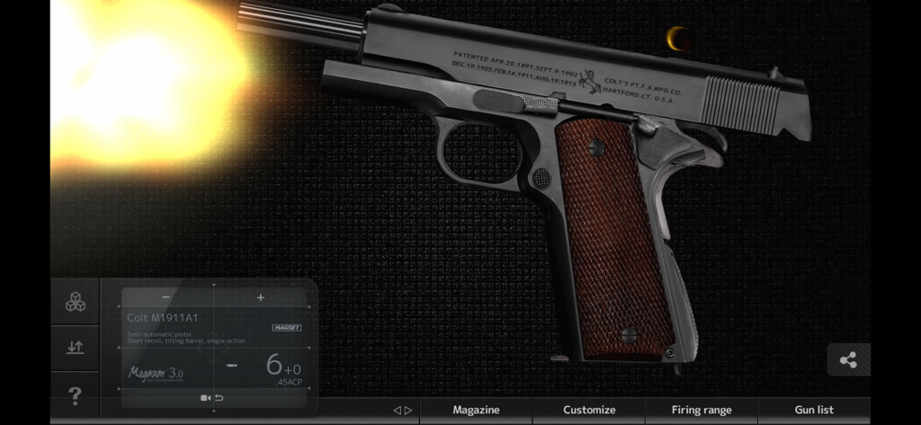 Realistic Colt M1911A1 pistol simulation firing with muzzle flash in Magnum 3.0