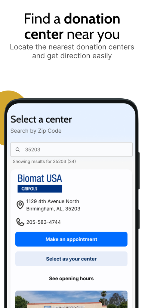 Grifols Plasma Donor Hub - 우편 번호별 그리폴스 혈장 기증 센터 찾기 앱 인터페이스.