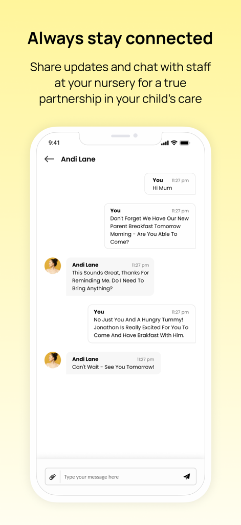 eyparentアプリで保護者と保育園スタッフ間のメッセージを表示するチャット画面