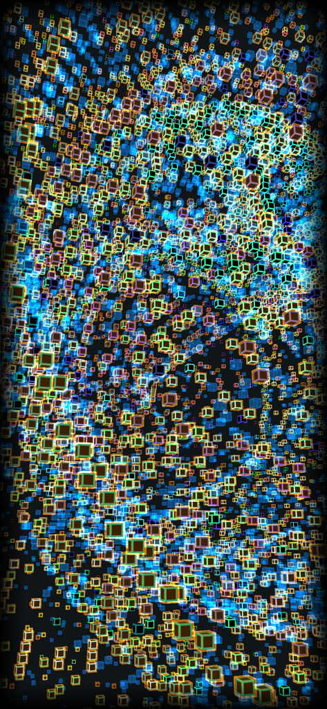 Simulazione 3D di Conway's Game of Life che mostra complessi modelli emergenti con cubi luminosi multicolore