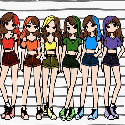 a group of girls wearing crop tops and shorts